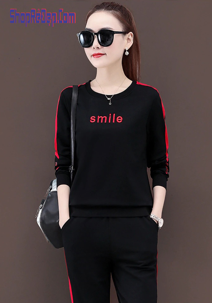 Bộ Đồ Mặc Nhà Nỉ Da Cá Thêu Smile Kiểu Dáng Thể Thao Phong Cách Hàn Quốc - Mã Bd010009